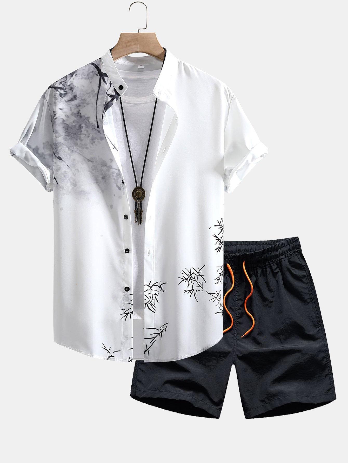 Ensemble — chemise à imprimé peinture traditionnelle à l'encre orientale & short de bain à cordon