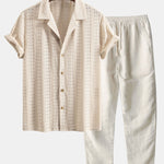 Ensemble — chemise cubaine texturée jacquard floral & pantalon en lin à jambe droite