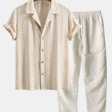 Ensemble — chemise cubaine texturée jacquard floral & pantalon en lin à jambe droite