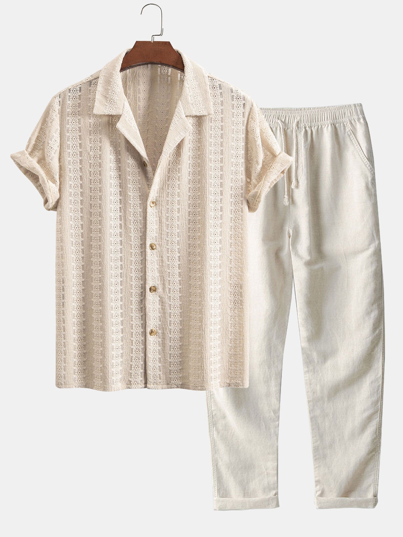 Ensemble — chemise cubaine texturée jacquard floral & pantalon en lin à jambe droite