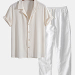 Ensemble — chemise cubaine gaufrée à manches courtes & pantalon en lin à jambe droite