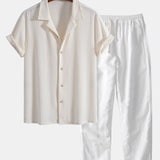 Ensemble — chemise cubaine gaufrée à manches courtes & pantalon en lin à jambe droite