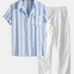 Ensemble — chemise rayée à col cubain & pantalon en lin à jambe droite