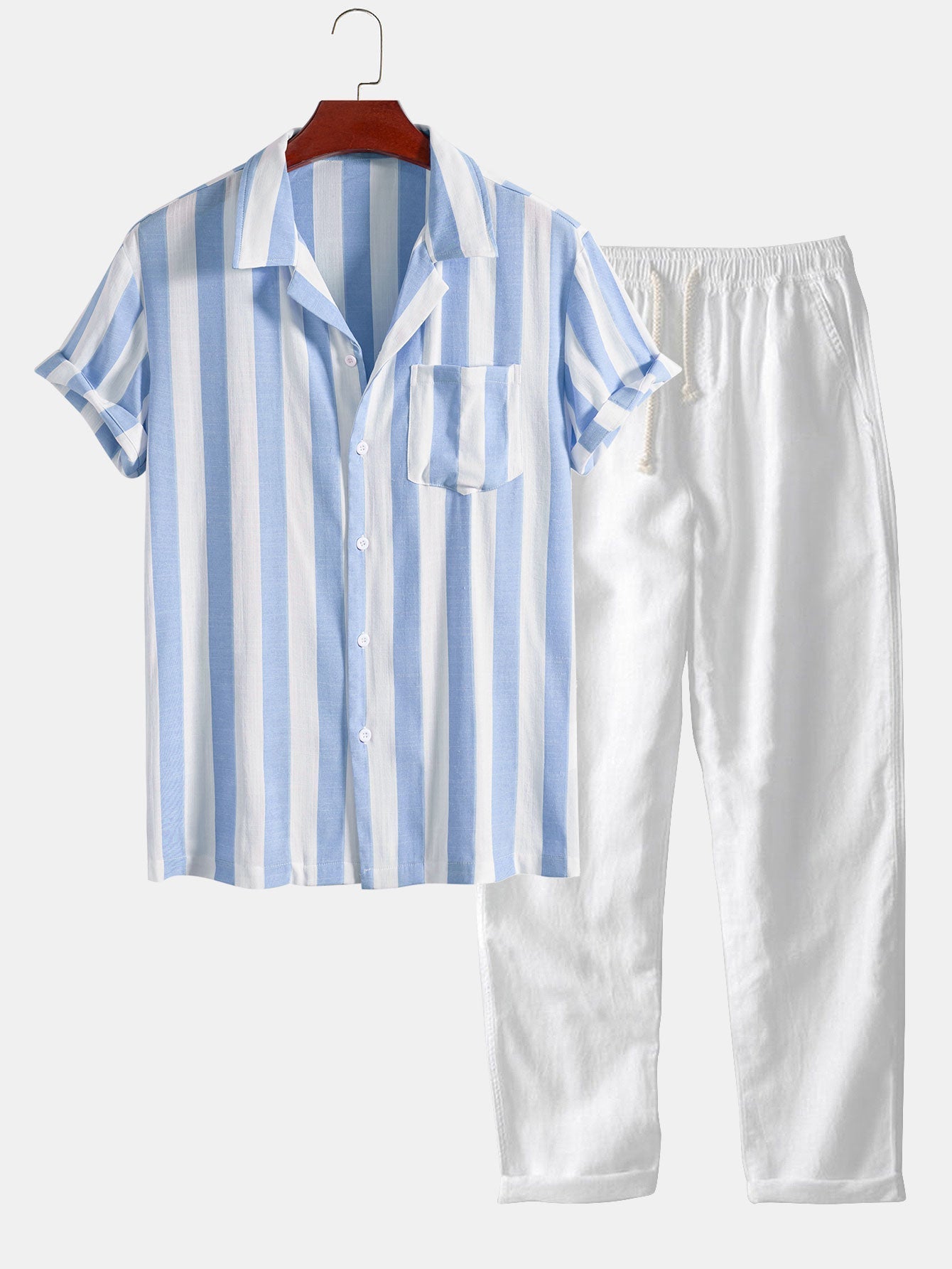 Ensemble — chemise rayée à col cubain & pantalon en lin à jambe droite