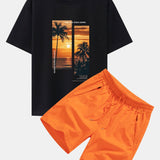 Ensemble — t-shirt oversize à imprimé paysage de palmiers et slogan & short de bain