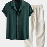 Ensemble — chemise cubaine texturée à losanges coupe ajustée & pantalon en lin à jambe droite