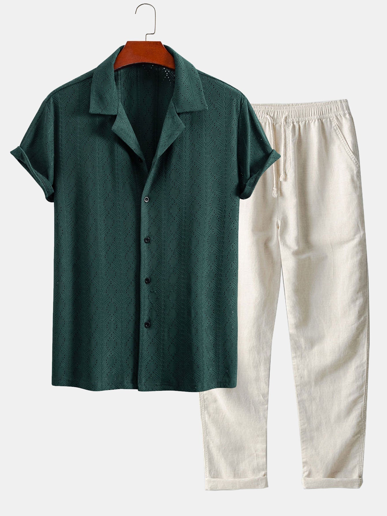 Ensemble — chemise cubaine texturée à losanges coupe ajustée & pantalon en lin à jambe droite
