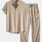 Ensemble — chemise en lin et viscose à col officier & pantalon texturé froissé