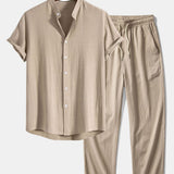 Ensemble — chemise en lin et viscose à col officier & pantalon texturé froissé
