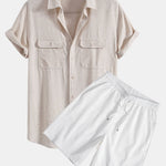 Ensemble — chemise utilitaire à poches en lin et viscose & short texturé froissé à cordon