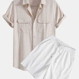 Ensemble — chemise utilitaire à poches en lin et viscose & short texturé froissé à cordon