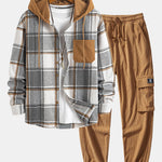 Ensemble — chemise à capuche à carreaux en velours côtelé contrastant & pantalon cargo de jogging en velours côtelé à cordon
