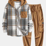 Ensemble — chemise à capuche à carreaux en velours côtelé contrastant & pantalon cargo de jogging en velours côtelé à cordon