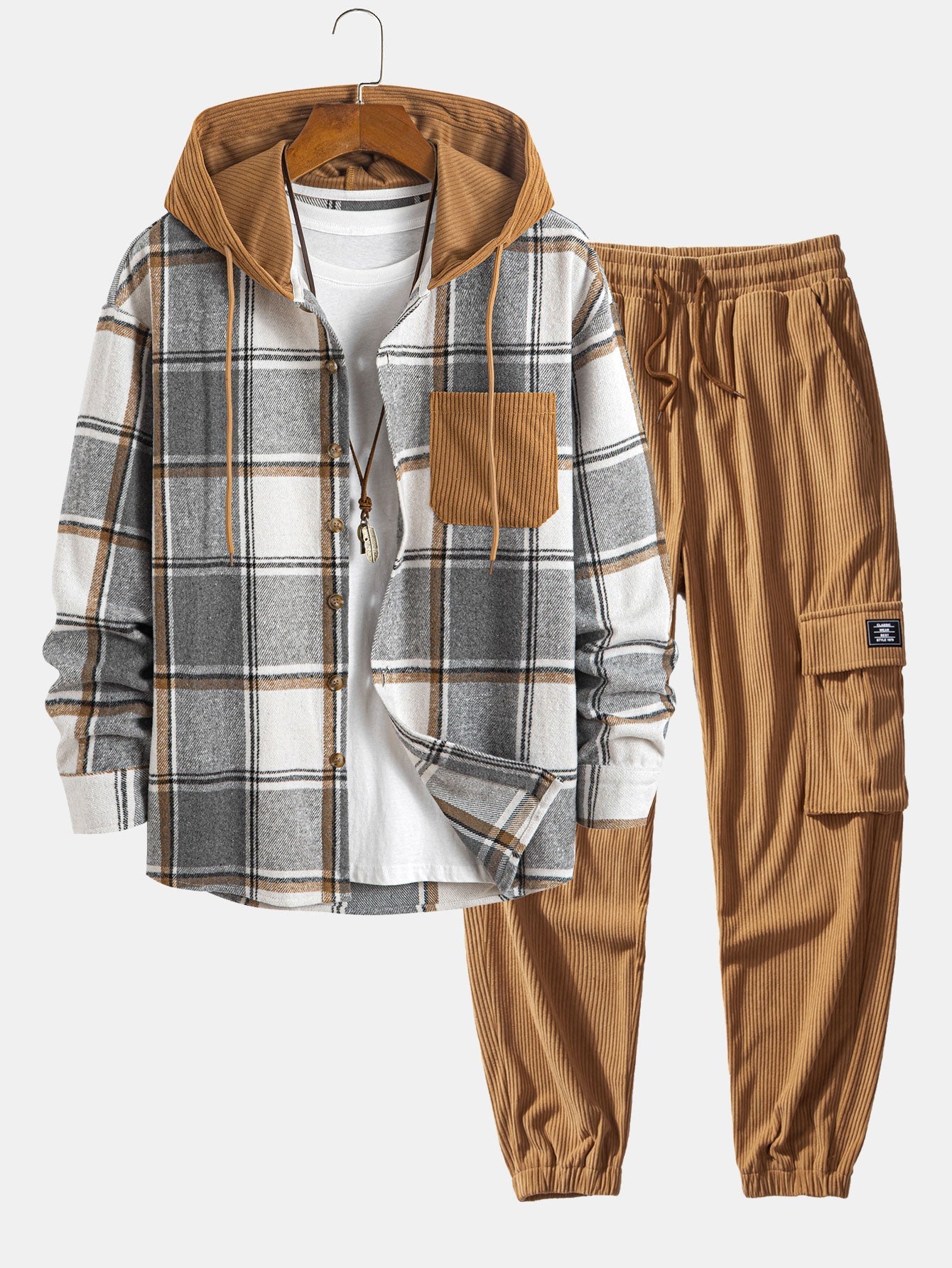 Ensemble — chemise à capuche à carreaux en velours côtelé contrastant & pantalon cargo de jogging en velours côtelé à cordon