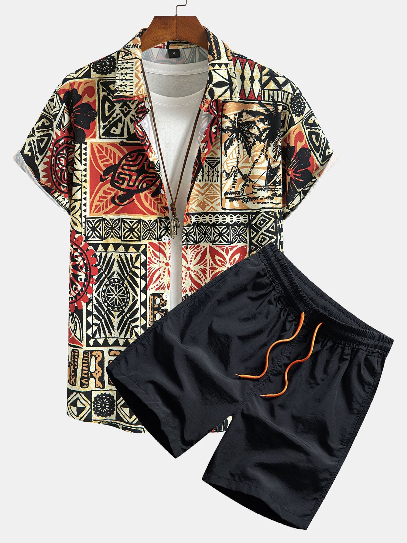 Ensemble — chemise à imprimé géométrique ethnique, palmiers et tortues & short de bain