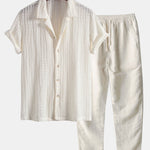 Ensemble Capucine — chemise cubaine texturée jacquard & pantalon en lin à jambe droite