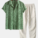 Ensemble Améline — chemise cubaine texturée jacquard & pantalon en lin à jambe droite