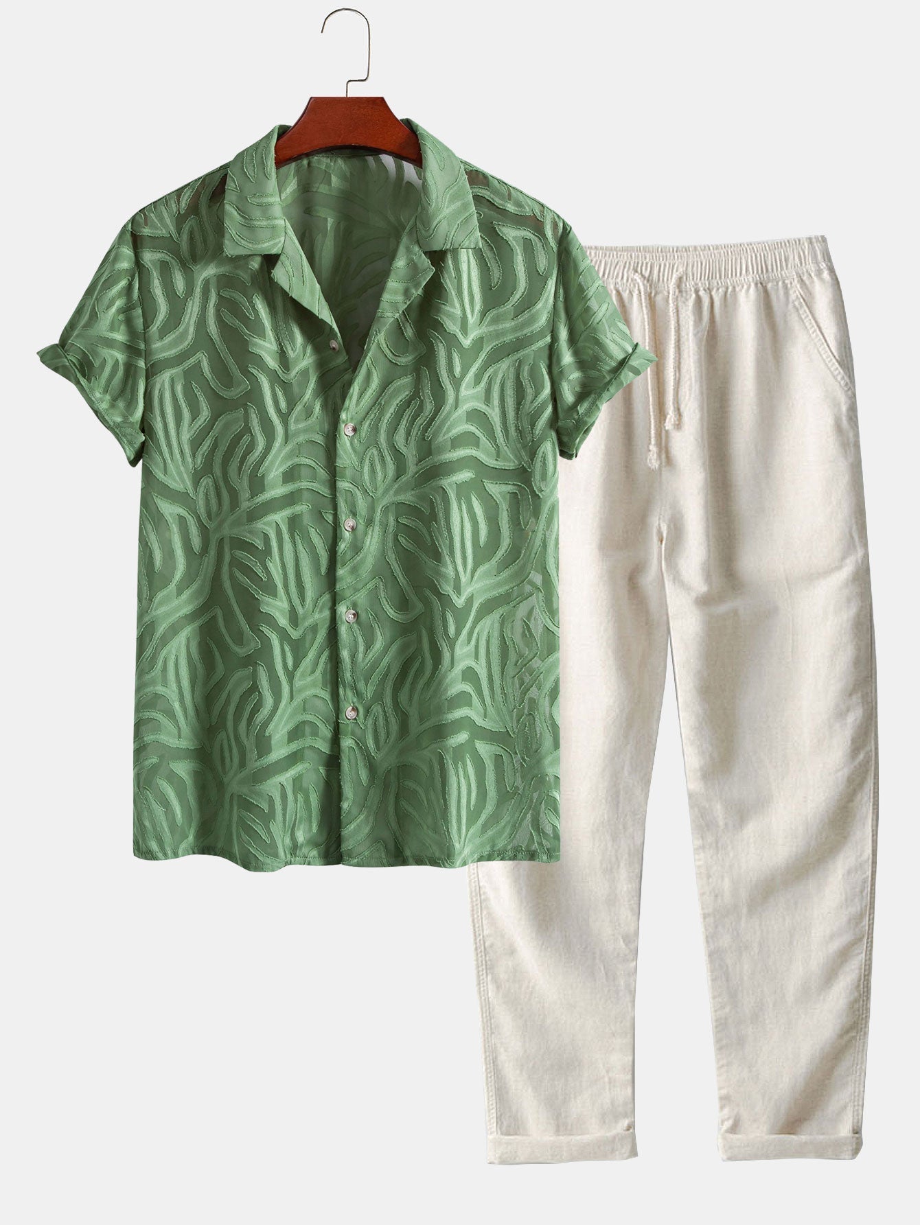 Ensemble Améline — chemise cubaine texturée jacquard & pantalon en lin à jambe droite