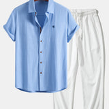 Ensemble — chemise en lin à manches courtes & pantalon texturé froissé à jambe droite