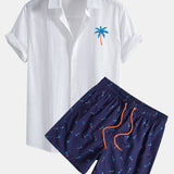 Ensemble — chemise en lin et coton à imprimé palmiers bleus & short de bain