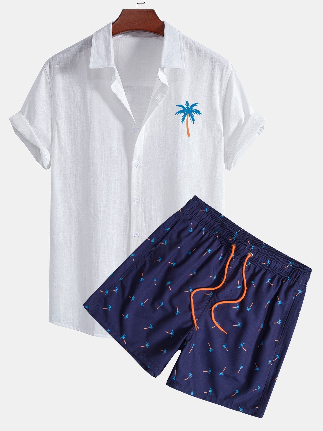 Ensemble — chemise en lin et coton à imprimé palmiers bleus & short de bain