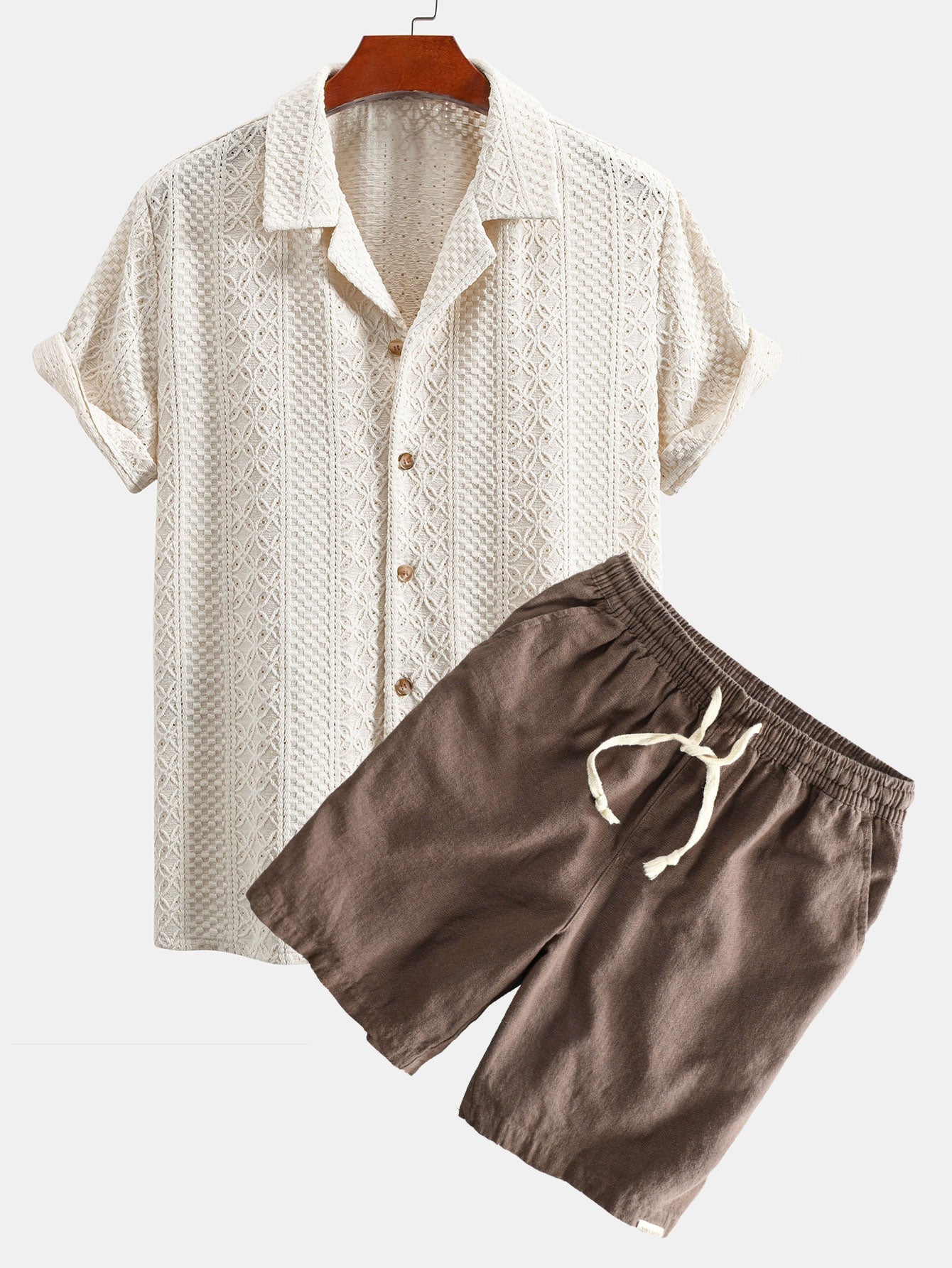 Ensemble — chemise cubaine jacquard à damier floral & short à cordon en lin et coton