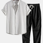 Ensemble — chemise rayée en coton mélangé à col officier & pantalon en lin à jambe droite