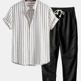 Ensemble — chemise rayée en coton mélangé à col officier & pantalon en lin à jambe droite
