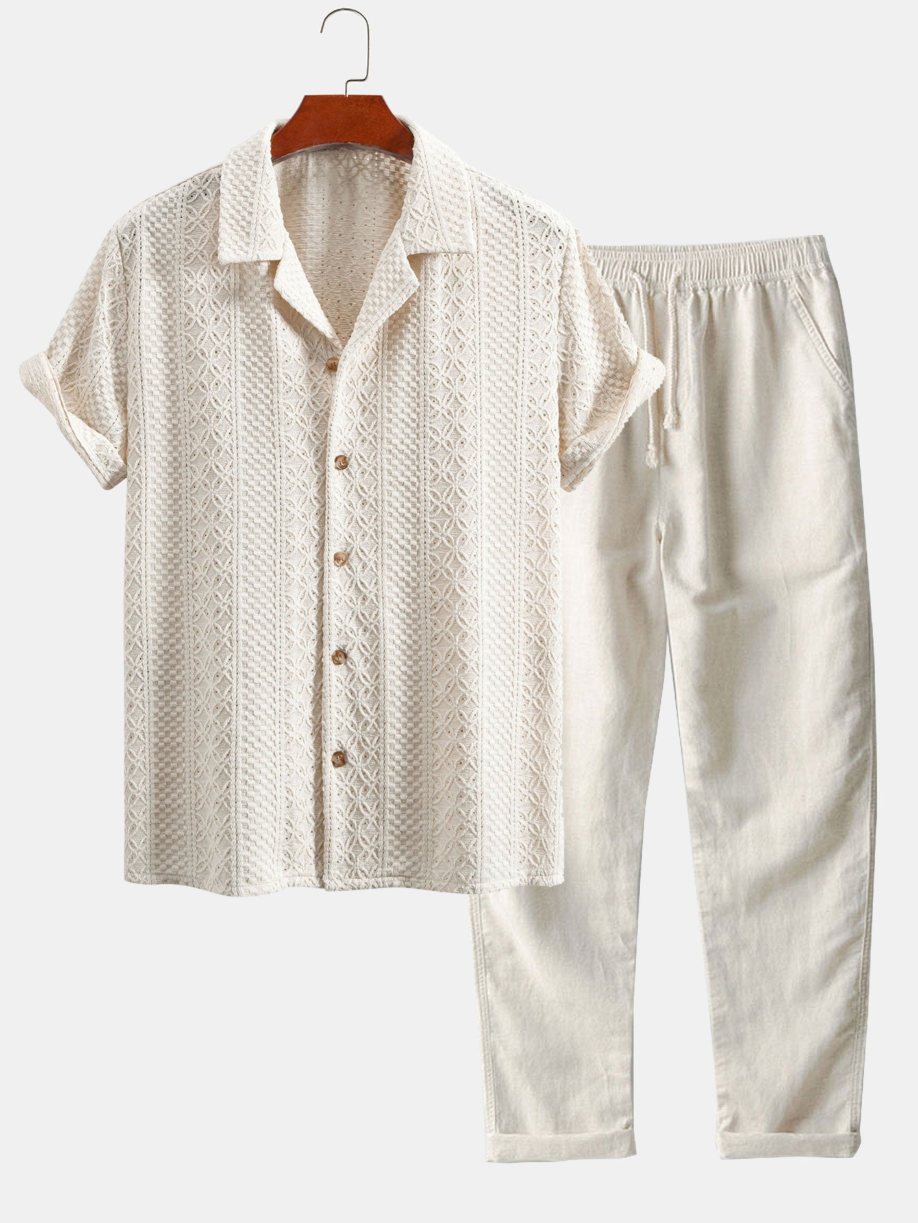 Ensemble — chemise cubaine jacquard à damier floral & pantalon en lin