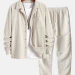 Ensemble — chemise en velours côtelé à col cubain et manches longues & pantalon en lin à jambe droite