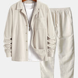 Ensemble — chemise en velours côtelé à col cubain et manches longues & pantalon en lin à jambe droite