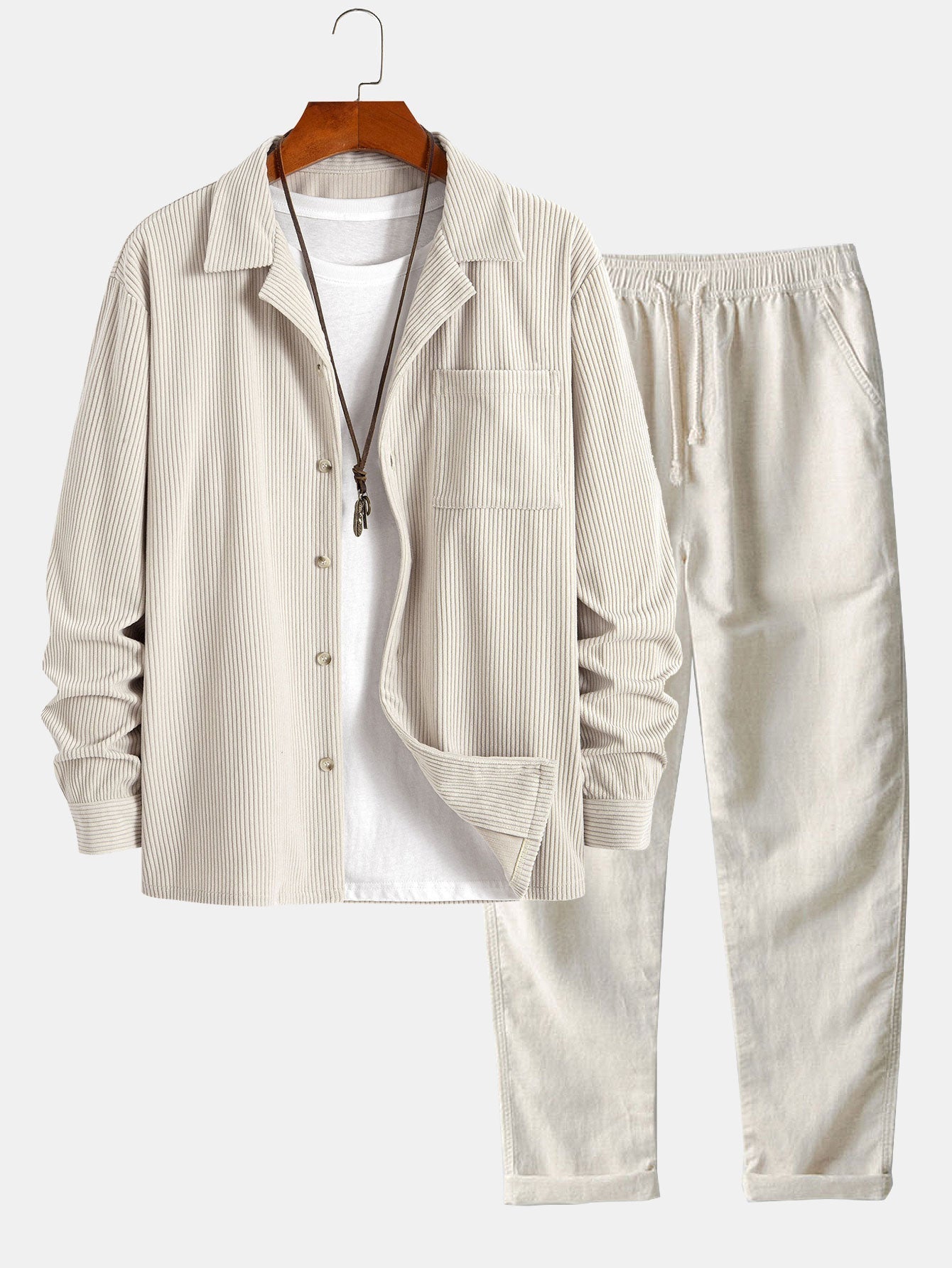 Ensemble — chemise en velours côtelé à col cubain et manches longues & pantalon en lin à jambe droite