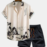 Ensemble — chemise à imprimé montagne à l'encre & short de bain mi-long à cordon