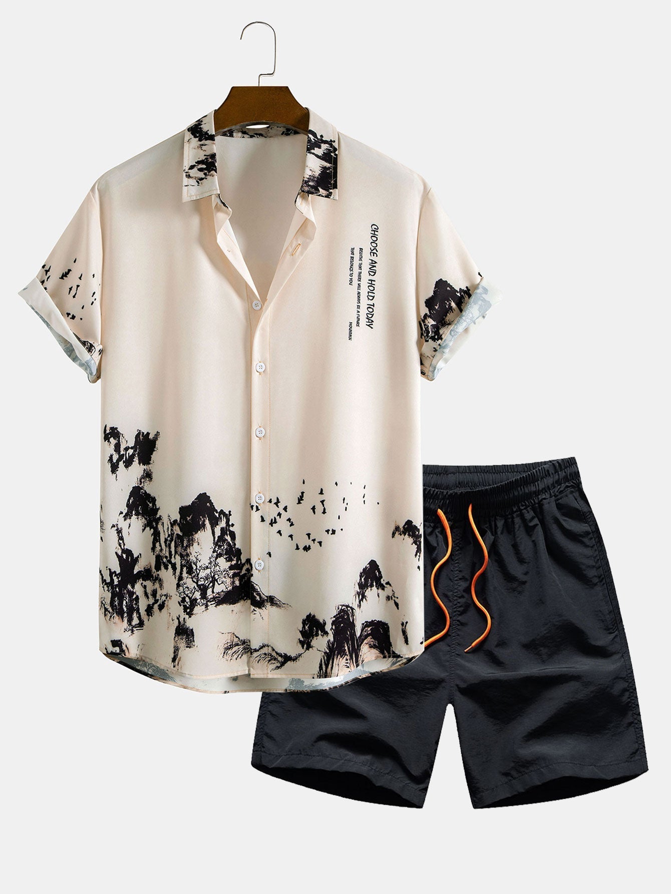 Ensemble — chemise à imprimé montagne à l'encre & short de bain mi-long à cordon