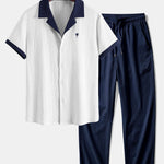 Ensemble — chemise froissée brodée de palmiers contrastants & pantalon texturé froissé
