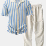 Ensemble — chemise crochetée rayée à épaules tombantes & pantalon en lin à jambe droite