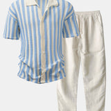 Ensemble — chemise crochetée rayée à épaules tombantes & pantalon en lin à jambe droite