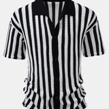 Ensemble — chemise crochetée rayée à épaules tombantes & pantalon en lin à jambe droite