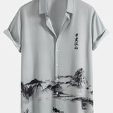 Ensemble — chemise à imprimé montagne et rivière à l'encre & short de bain mi-long à cordon
