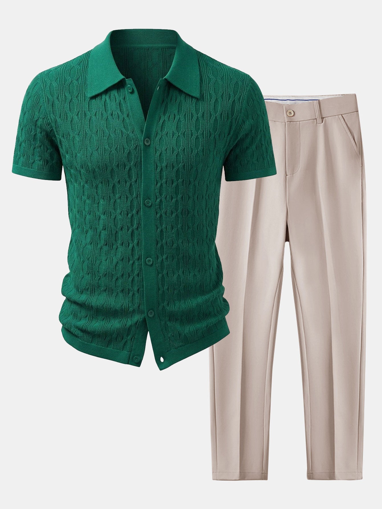 Ensemble — chemise en maille jacquard torsadé & pantalon fuselé coupe slim