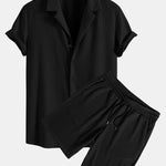 Ensemble — chemise côtelée à col cubain profond coupe ajustée & short côtelé à cordon