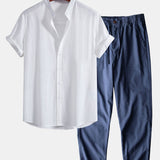 Ensemble — chemise en lin et coton à col officier & pantalon en lin et coton