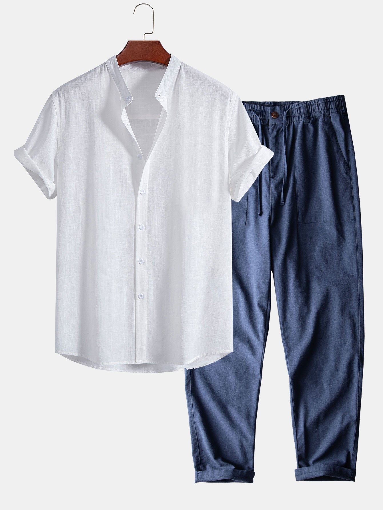 Ensemble — chemise en lin et coton à col officier & pantalon en lin et coton
