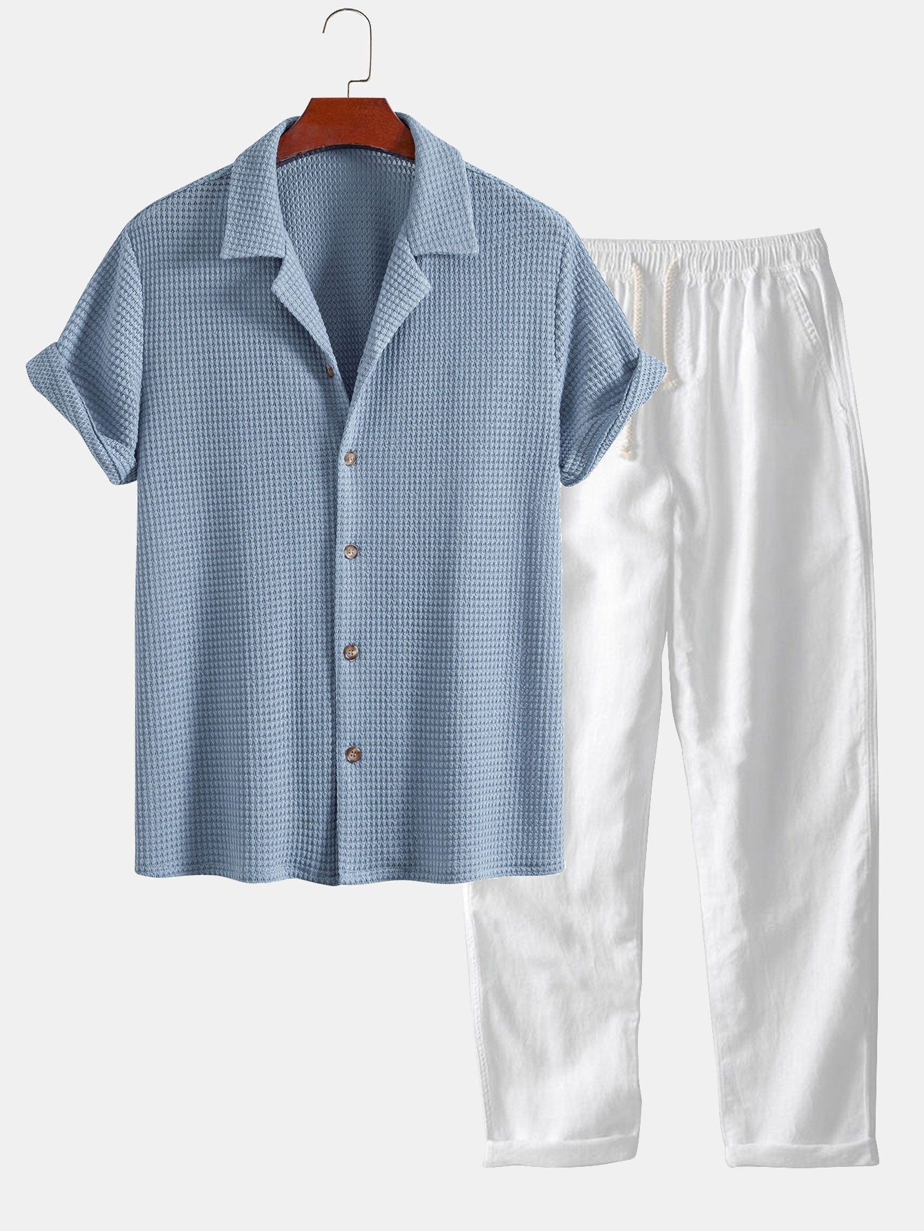 Ensemble — chemise cubaine texturée gaufrée & pantalon en lin à jambe droite