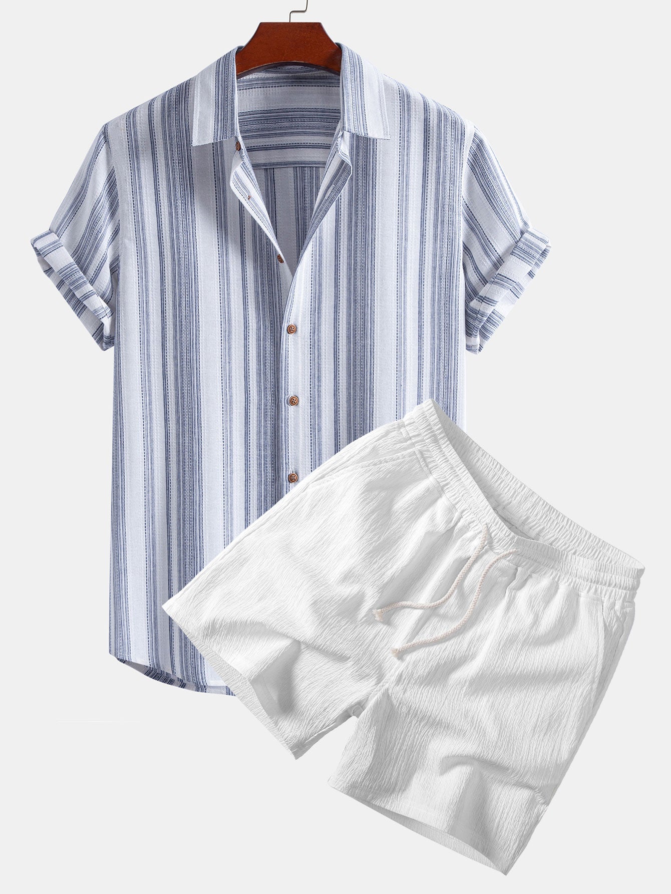 Ensemble — chemise en lin rayé & short texturé froissé à cordon