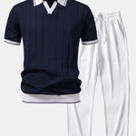 Ensemble — polo côtelé en maille à col Johnny et bordure contrastante & pantalon côtelé