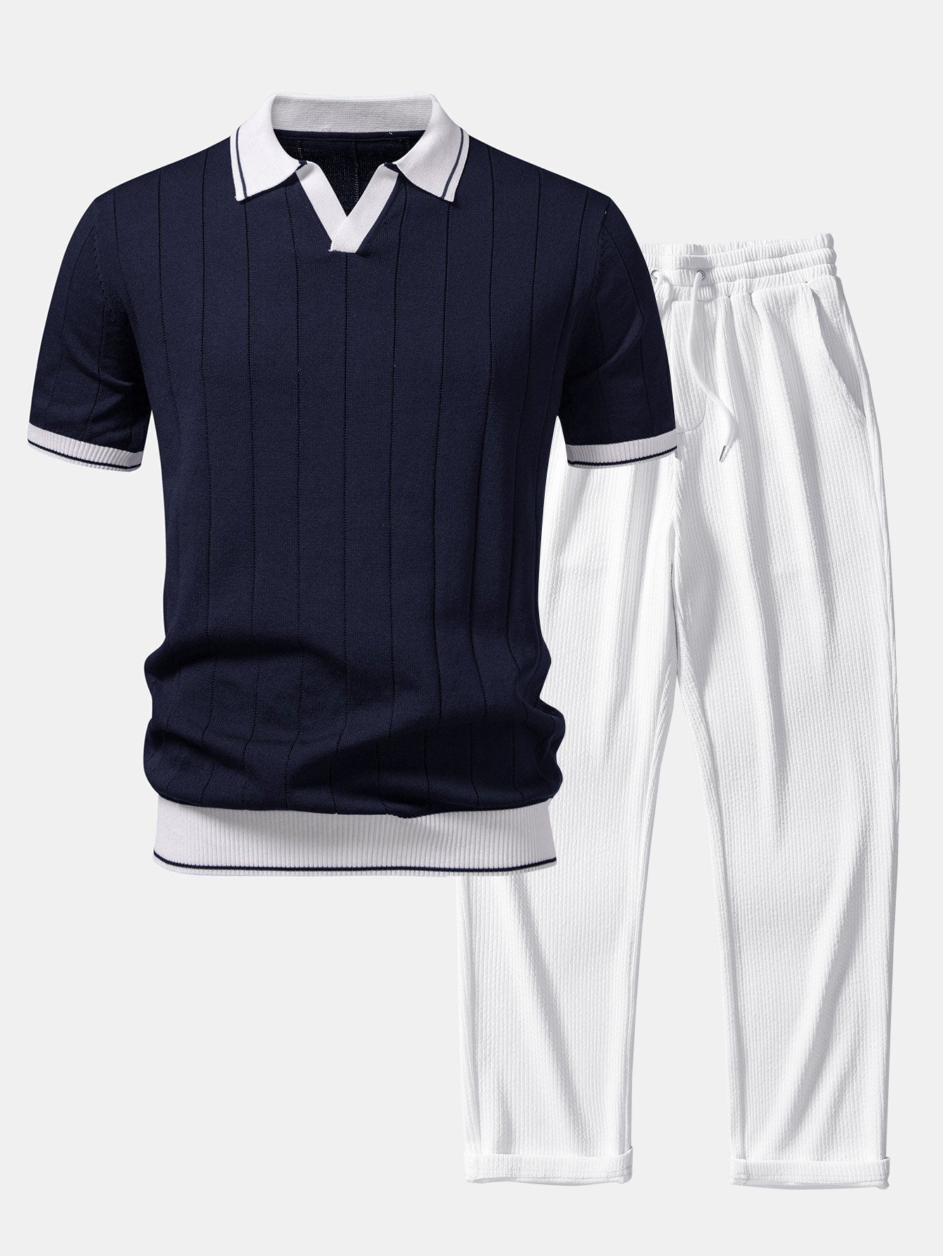Ensemble — polo côtelé en maille à col Johnny et bordure contrastante & pantalon côtelé
