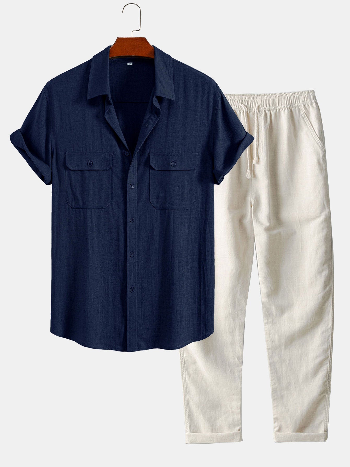 Ensemble — chemise utilitaire à poches en lin et viscose & pantalon en lin à jambe droite