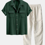 Ensemble — chemise texturée à col cubain et poche & pantalon en lin à jambe droite