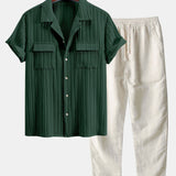 Ensemble — chemise texturée à col cubain et poche & pantalon en lin à jambe droite